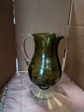 Olive Glass Pitcher with Clear Handle - Home Dining Serveware